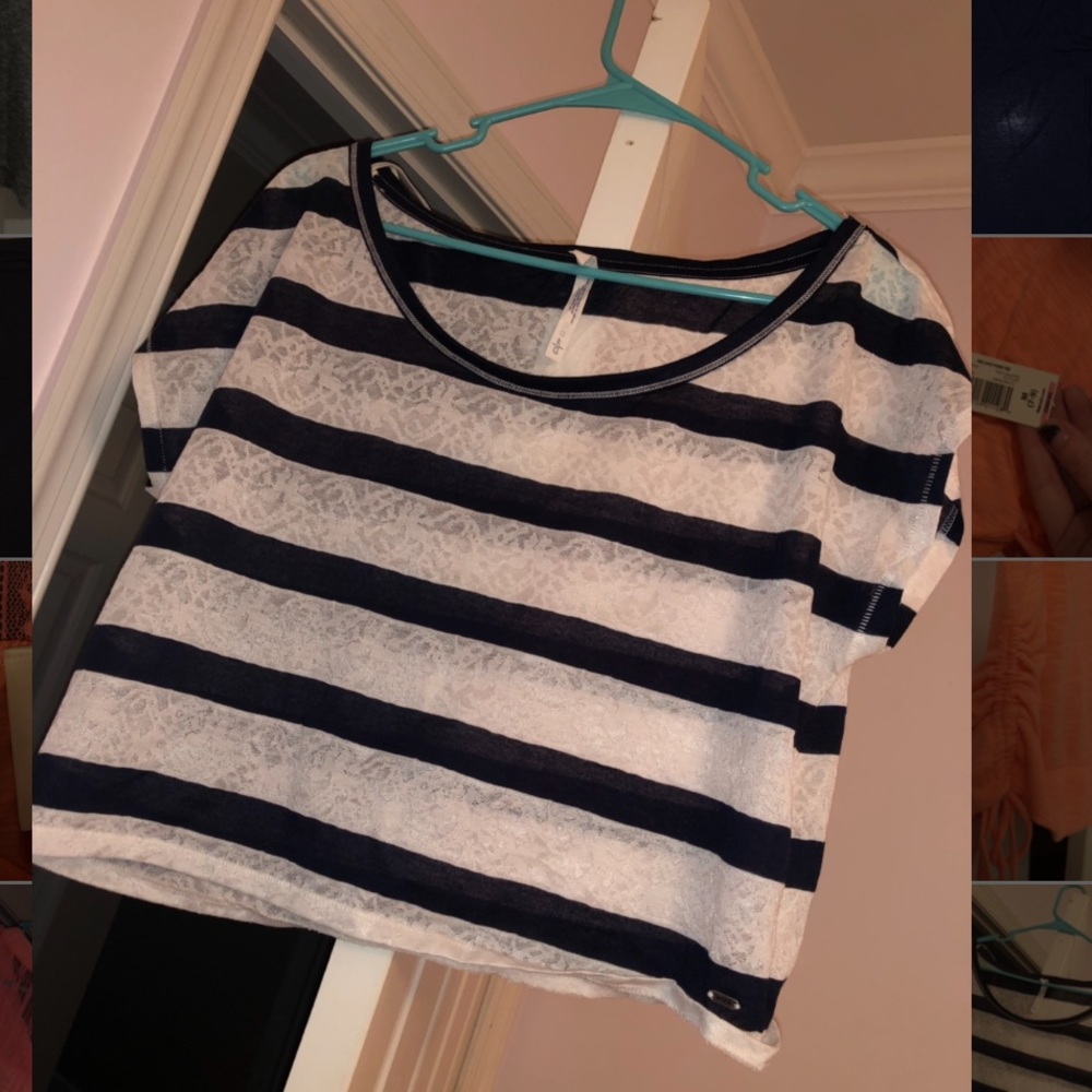 Navy Blue and White Mesh See Through Top